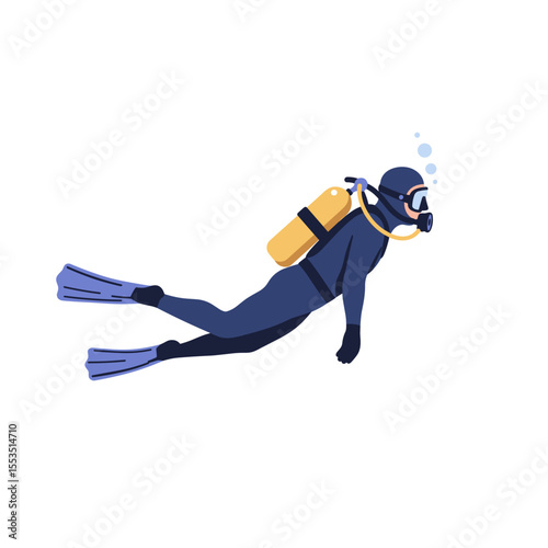 Scuba diver swimming underwater with equipment and bubbles  