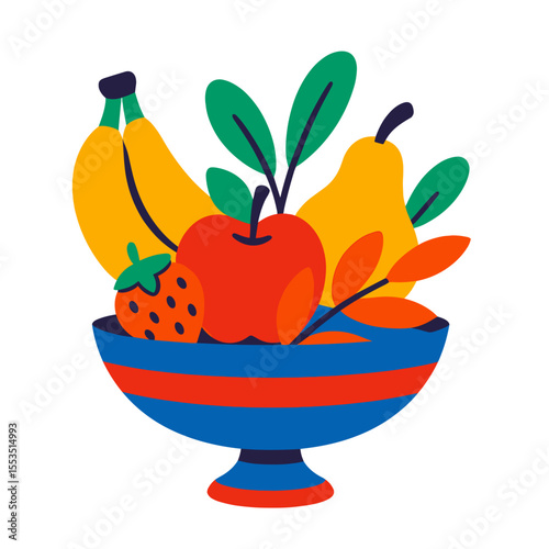 Fruit bowl illustration with colorful fruits on white background