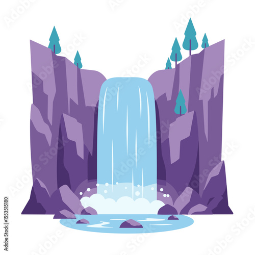 Waterfall cascading down rocks surrounded by green trees  