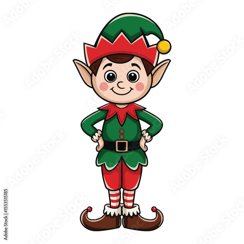 A festive cartoon illustration of a friendly Christmas elf standing with hands on hips and a cheerful smile