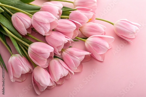 Bouquet of pink delicate tulips on pink background, Top view
