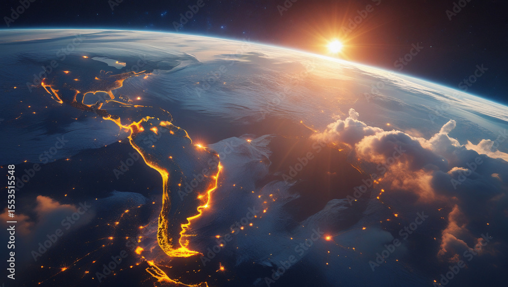 Fototapeta premium Stunning cosmic view of Earth at sunrise with glowing continents, lens flare, and high-altitude cloud detail. Ideal for astronomy, universe, or deep space concepts.