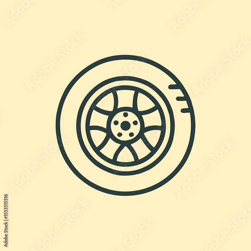 Car wheel icon in minimalist black on beige background