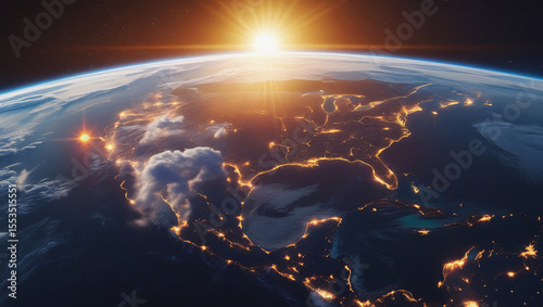 Earth from orbit with golden sunlight on the horizon, city lights across continents, and a star filled sky. Great for science visuals, cosmic wallpapers, and educational design.