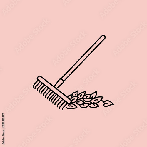 Leaf rake icon with falling leaves on pink background