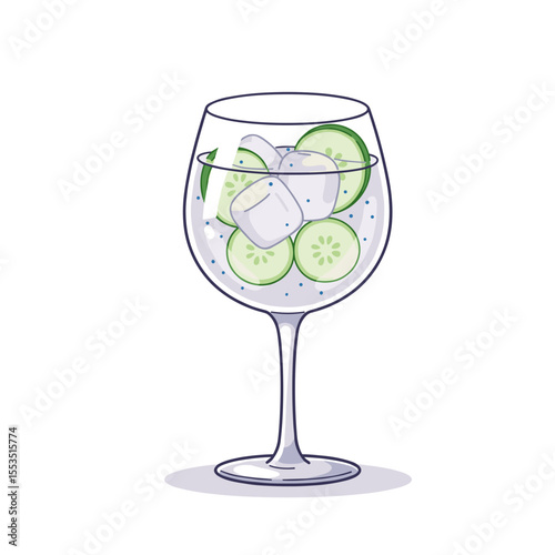 Glass of sparkling water with cucumber and ice cubes