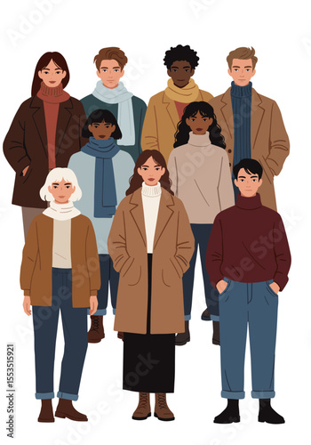 Diverse group of people standing in winter outfits