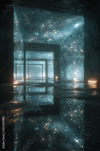 Biometric security and authentication protect data from theft futuristic space corridor with reflective surfaces and glowing lights creating