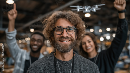 Innovator's Pride: A confident leader smiles, celebrating success with teammates and drone technology, symbolizing ingenuity and achievement. 