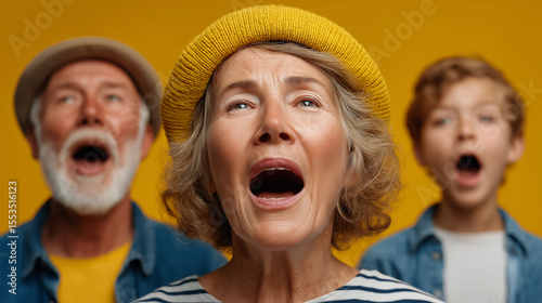 Amazement: Three generations, a grandmother, grandfather, and grandson, mouths agape in shared wonder, against a vibrant yellow backdrop.