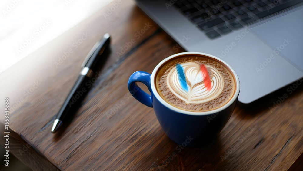 Blue Latte Art Coffee, Pen, Laptop on Rustic Wood Desk: Modern Business Lifestyle Image Blue Latte Art Coffee, Pen, Laptop on Rustic Wood Desk: Modern Business Lifestyle Image