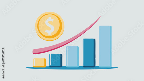a coin with dollar sign above a rising bar graph with increasing trend line