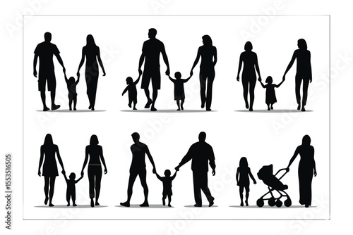 Family Silhouette set: A heartwarming collection of family silhouettes, each depicts parent and child moments, symbolizing love, connection, and the simple joys of togetherness.