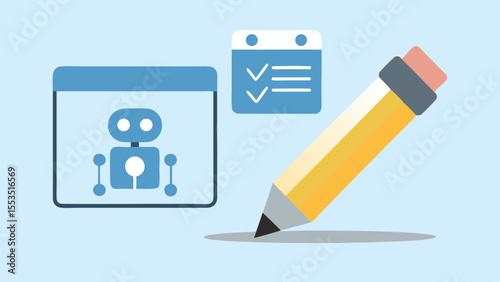 a robot inside a window, a checklist, and a yellow pencil on a light blue background