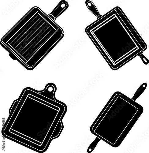 Four different styles of cutting boards with handles isolated on white background