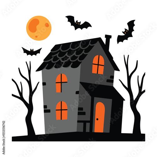 Halloween haunted house with pumpkin and tree under dark night sky