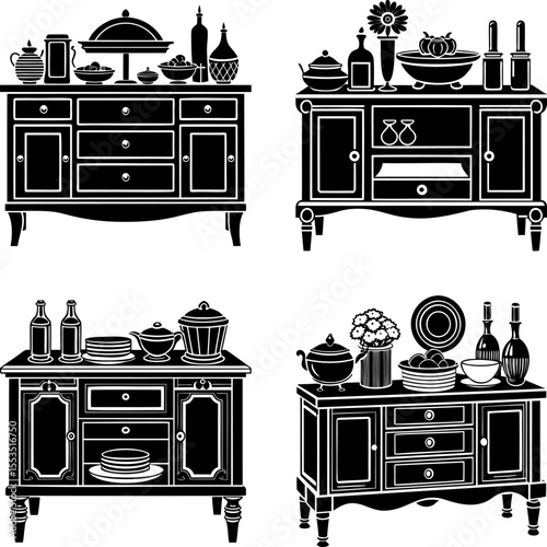 A collection of antique cabinets or sideboards with various decorative items displayed