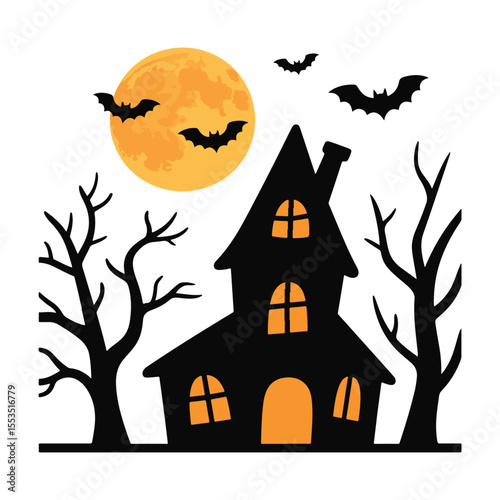 Halloween haunted house background with pumpkin under night sky