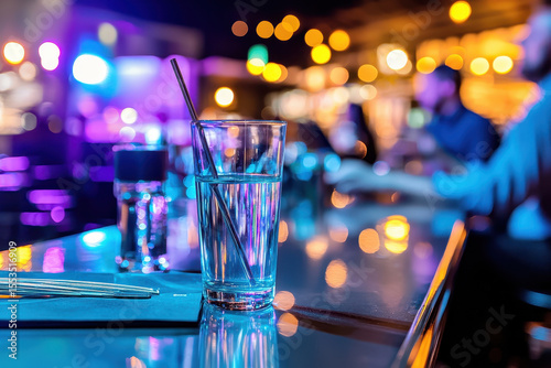 Vibrant bar scene featuring glass of water on reflective surface, illuminated by colorful lights, creating lively atmosphere