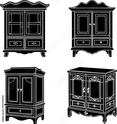 Elegant antique wardrobes and cabinets showcase classic furniture design in black silhouette