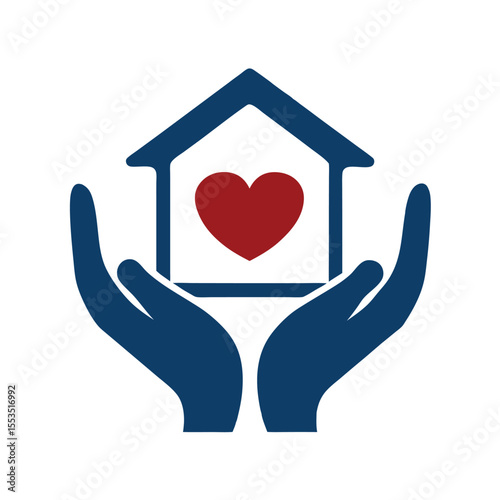 Blue hands cradle house with red heart symbol home.