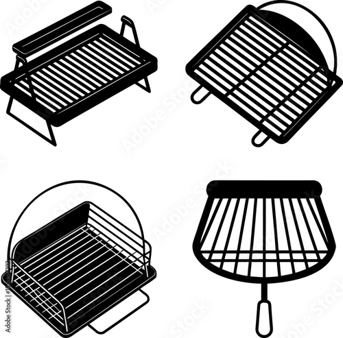 A collection of simple line art illustrations showing various types of grills