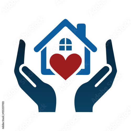 Blue hands cradle house with red heart symbol home.