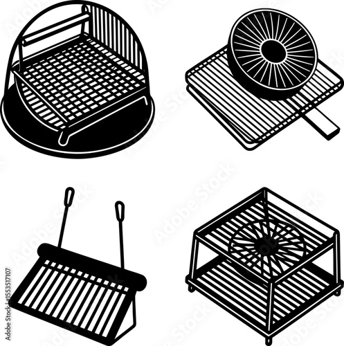 Four Different Black and White Illustration Styles of Grill Grates Isolated
