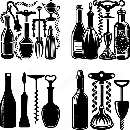 Stylized Black and White Collage of Wine Bottles and Corkscrews