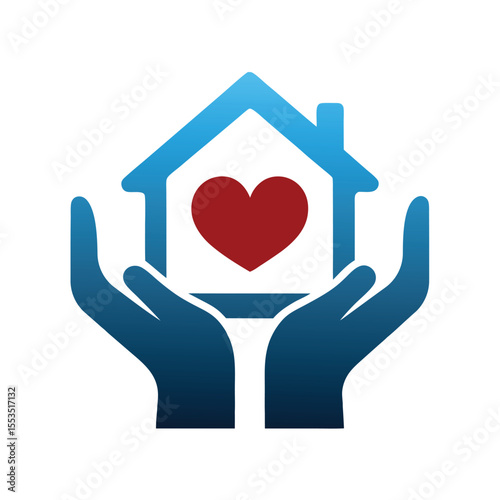 Blue hands cradle house with red heart symbol home.