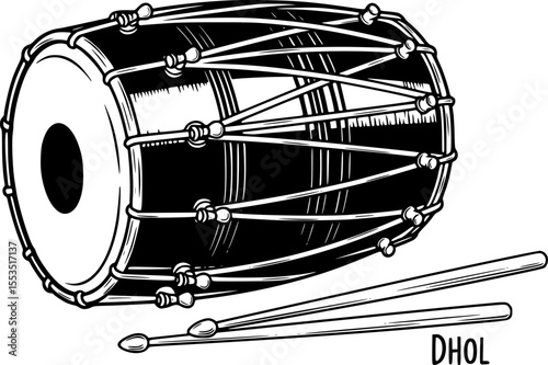 Traditional Dhol Drum with Drumsticks – Black Percussion Instrument Vector
