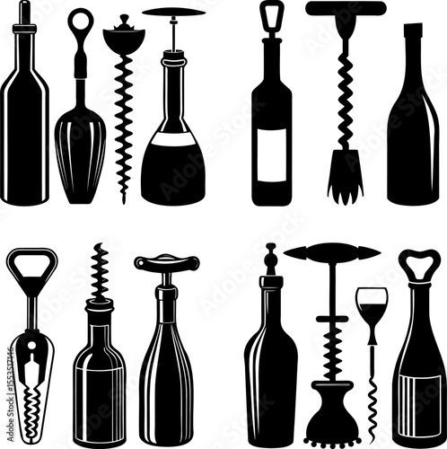 Vector illustration of various wine bottles, corkscrews and a wine glass design