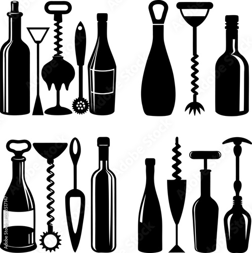 Elegant black and white vector illustration of wine bottles and openers