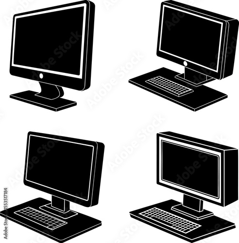 Collection of stylized black and white computer workstations from different perspectives