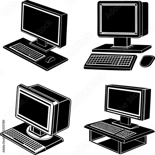 Isometric renderings of retro style personal computer setups on white background