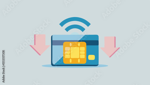 a contactless payment card with wireless signal and downward pointing arrows near it