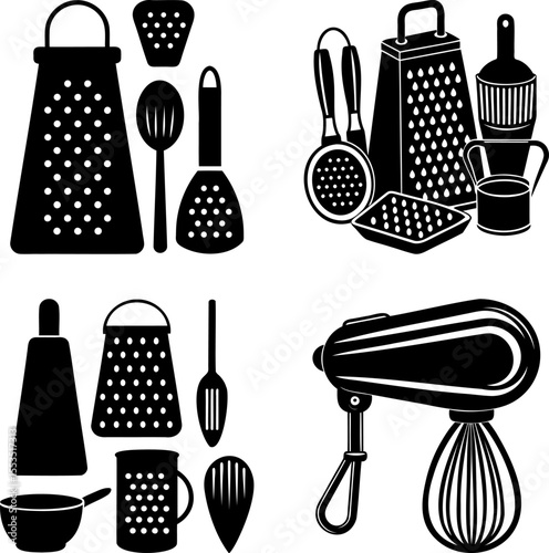 Monochrome Collection of Essential Kitchen Utensils and Tools for Food Preparation