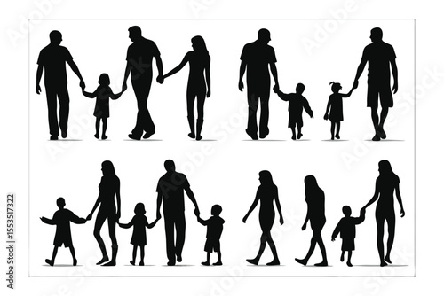 Family Silhouettes: Artistic silhouettes capture the essence of togetherness and affection, depicting family units walking hand-in-hand with children, radiating warmth and familial bond.