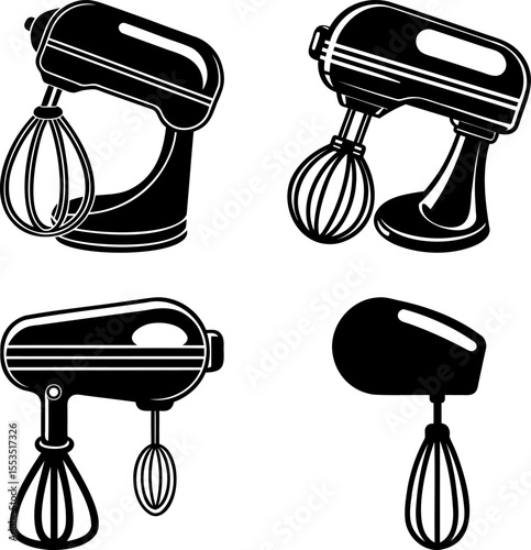 Four different black and white illustrations of hand mixers with whisks