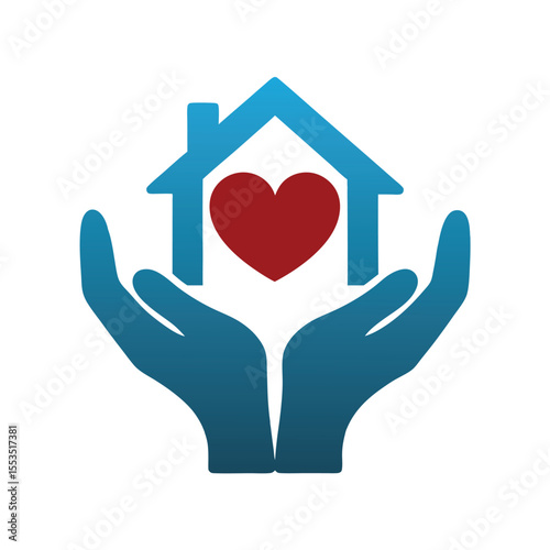 Blue hands cradle house with red heart symbol home.