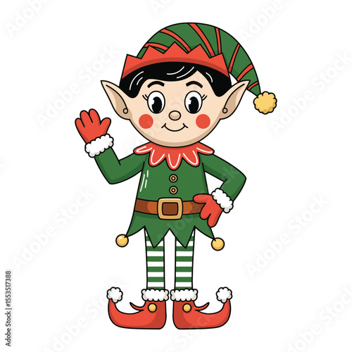 Create a playful cartoon illustration of a friendly Christmas elf waving with a cheerful smile.