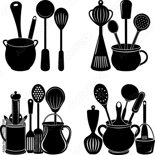 Black and white silhouette of kitchen utensil sets in various arrangements