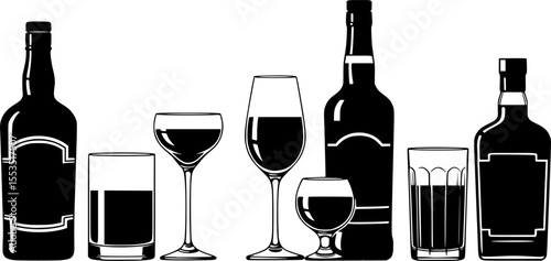 Vintage Liquor Bottles and Cocktail Glasses Silhouette Vector – Elegant Barware Illustration
