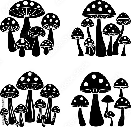 Monochrome mushroom forest art featuring symmetrical toadstools with spores for print media