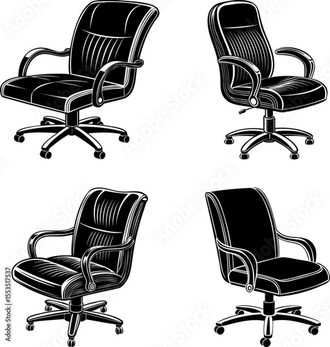 Four Black and White Illustrations Depicting Ergonomic Office Chairs from Different Angles