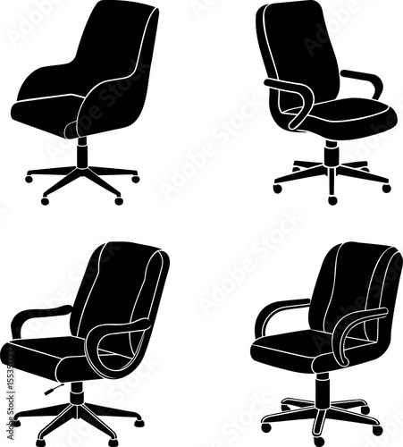 Four different stylized black office chairs with wheels on a white background