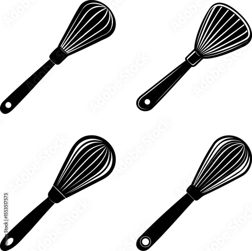 Four monochrome illustrations of different styles of kitchen whisks on white background