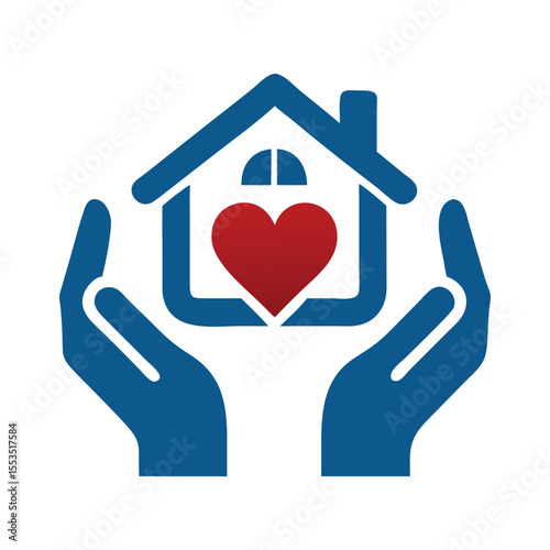 Blue hands cradle house with red heart symbol home.