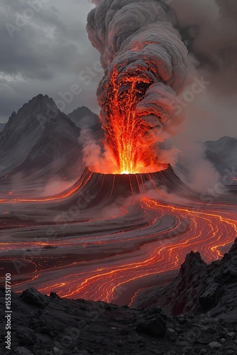 A dramatic volcanic eruption spews molten lava and thick ash into a stormy sky – AI Generated Digital Art.