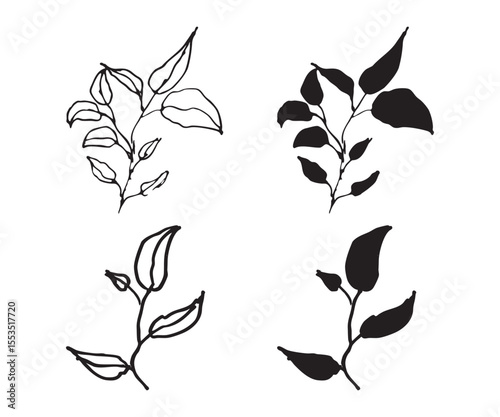 Botanical vector illustration set with delicate foliage line art and silhouette style design elements. Nature inspired vector illustration.